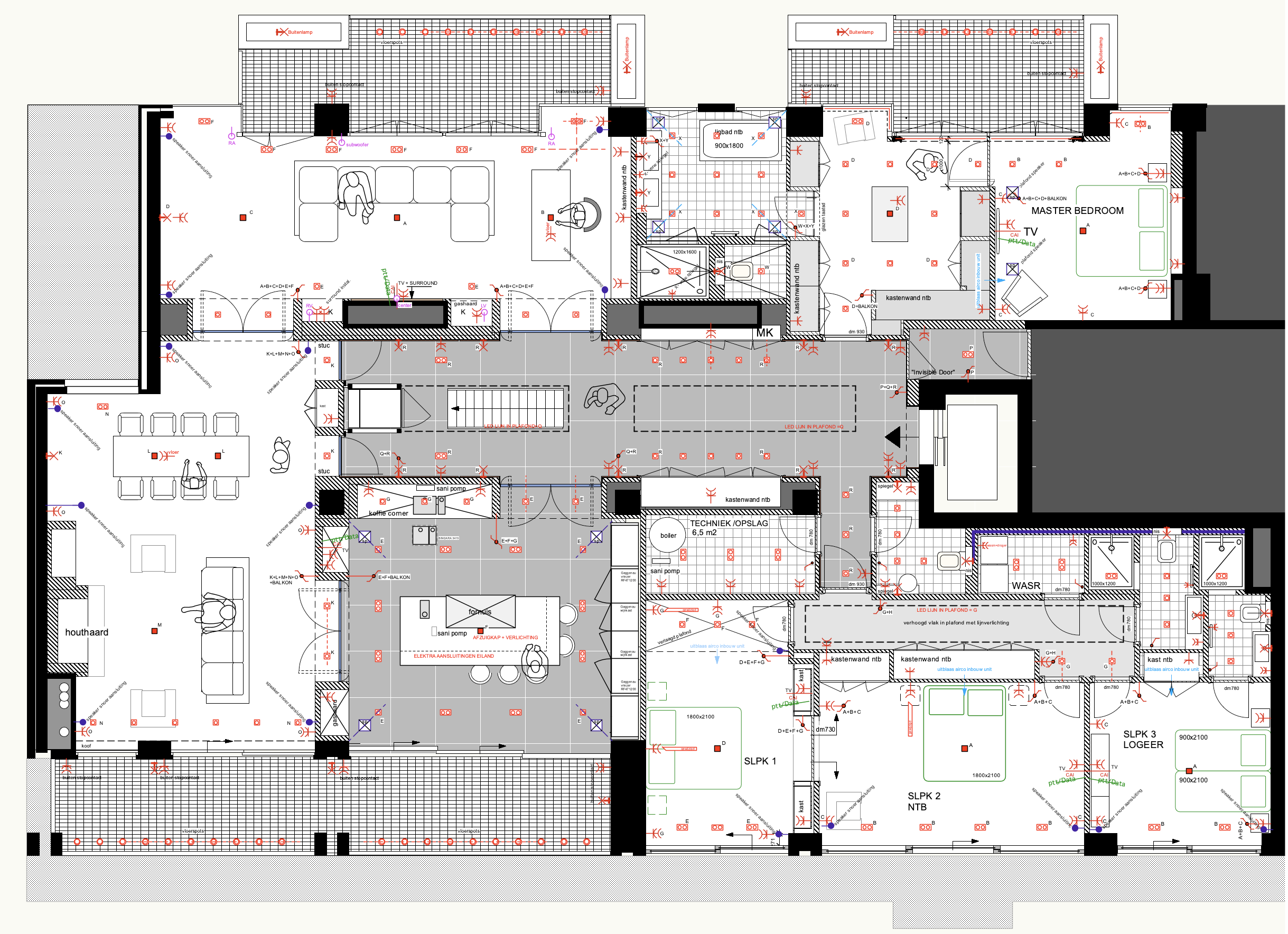 Ontwerptekening: plattegrond van het penthouse met indeling, kastenwanden, master bedroom, slaapkamers en technische ruimte